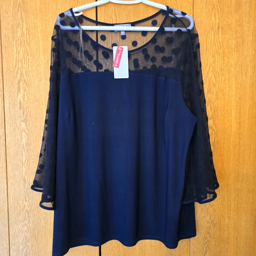 Laura Elegant Navy Blue Sheer Sleeve Top, 2XL NWT